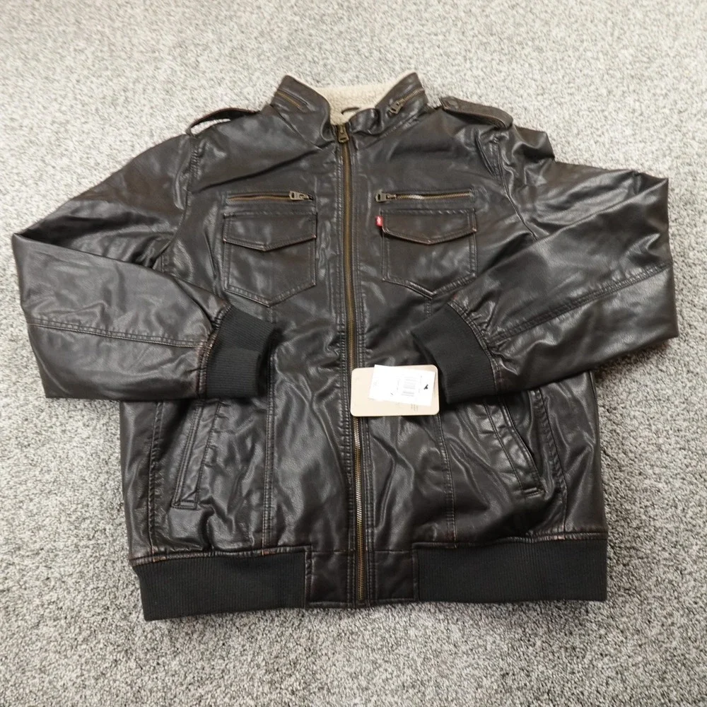 NEW Levis Jacket Mens XL Brown Sherpa Lined Faux Leather Trucker Bomber Coat Zip